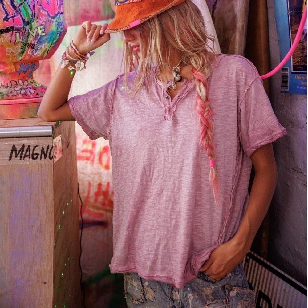 Magnolia Pearl PInk Henley Distressed SOLD OUT Bohemian Vintage NWT Short Sleeve